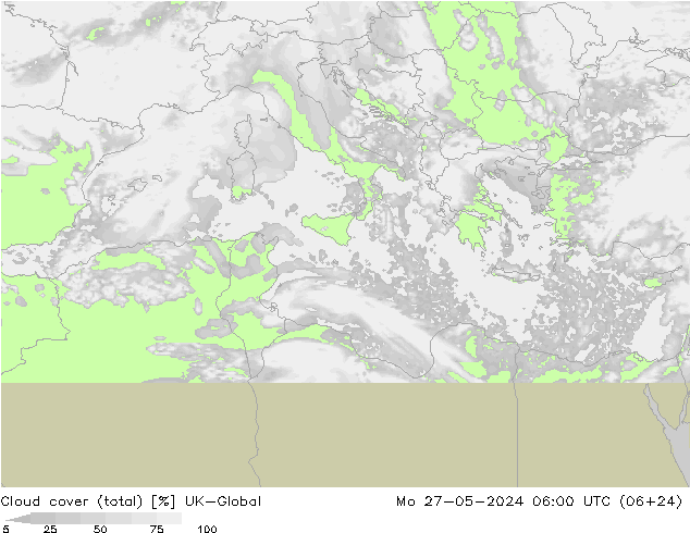 Cloud cover (total) UK-Global Po 27.05.2024 06 UTC