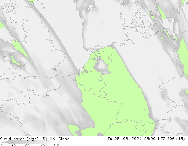 Cloud cover (high) UK-Global Tu 28.05.2024 06 UTC