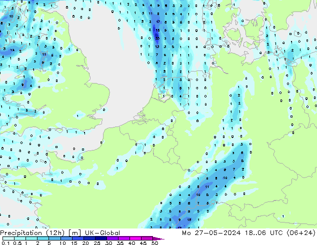 Precipitation (12h) UK-Global Mo 27.05.2024 06 UTC