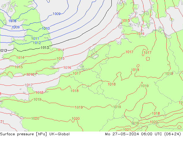 Surface pressure UK-Global Mo 27.05.2024 06 UTC