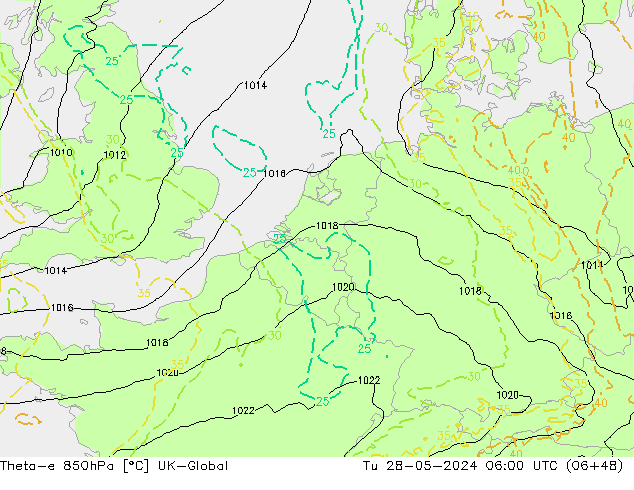 Theta-e 850hPa UK-Global Sa 28.05.2024 06 UTC
