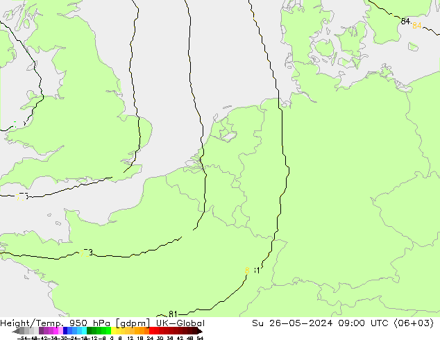 Hoogte/Temp. 950 hPa UK-Global zo 26.05.2024 09 UTC