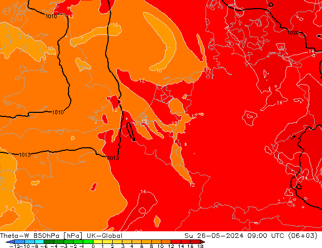 Theta-W 850hPa UK-Global dom 26.05.2024 09 UTC