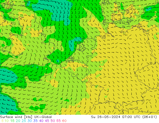 Surface wind UK-Global Ne 26.05.2024 07 UTC