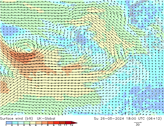 Vent 10 m (bft) UK-Global dim 26.05.2024 18 UTC