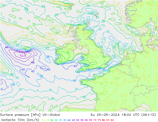 Isotachs (kph) UK-Global Su 26.05.2024 18 UTC