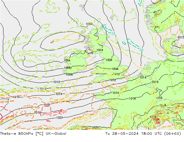 Theta-e 850hPa UK-Global Tu 28.05.2024 18 UTC