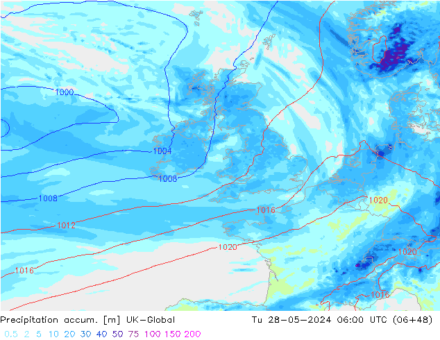 Precipitation accum. UK-Global Tu 28.05.2024 06 UTC