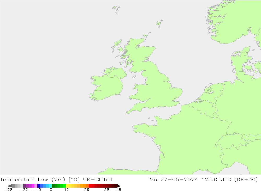 temperatura mín. (2m) UK-Global Seg 27.05.2024 12 UTC