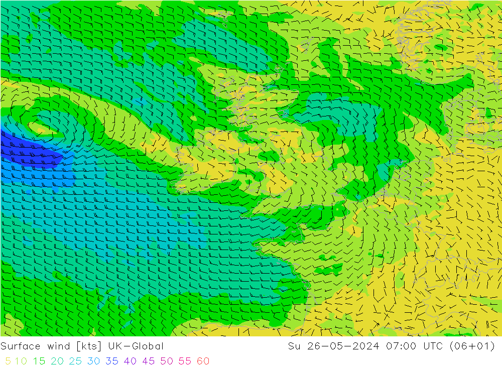 Surface wind UK-Global Ne 26.05.2024 07 UTC