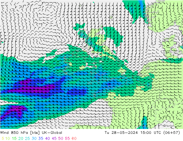 Wind 850 hPa UK-Global Tu 28.05.2024 15 UTC