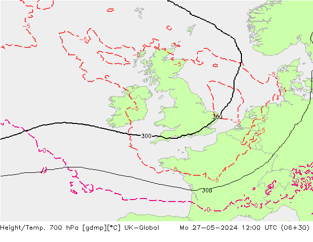 Height/Temp. 700 гПа UK-Global пн 27.05.2024 12 UTC