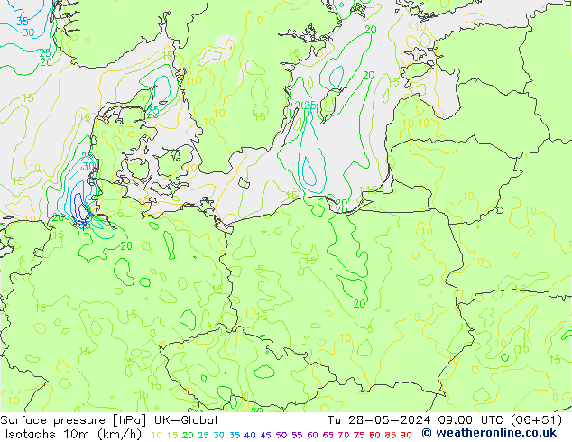 Isotachen (km/h) UK-Global di 28.05.2024 09 UTC