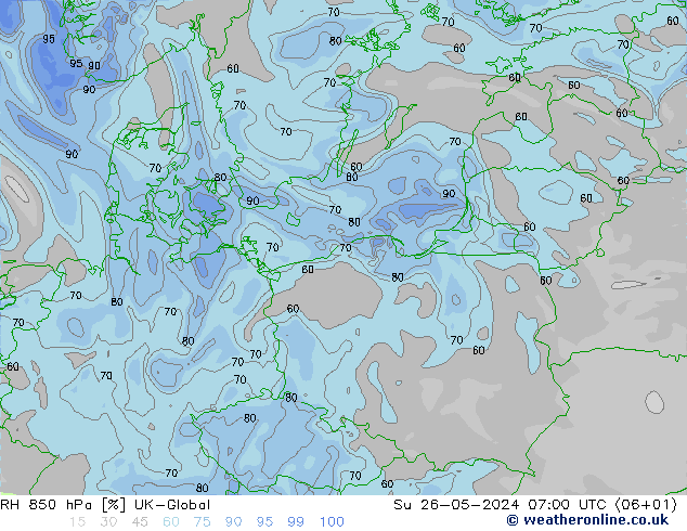 RH 850 гПа UK-Global Вс 26.05.2024 07 UTC