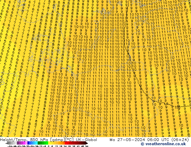 Height/Temp. 850 hPa UK-Global Mo 27.05.2024 06 UTC