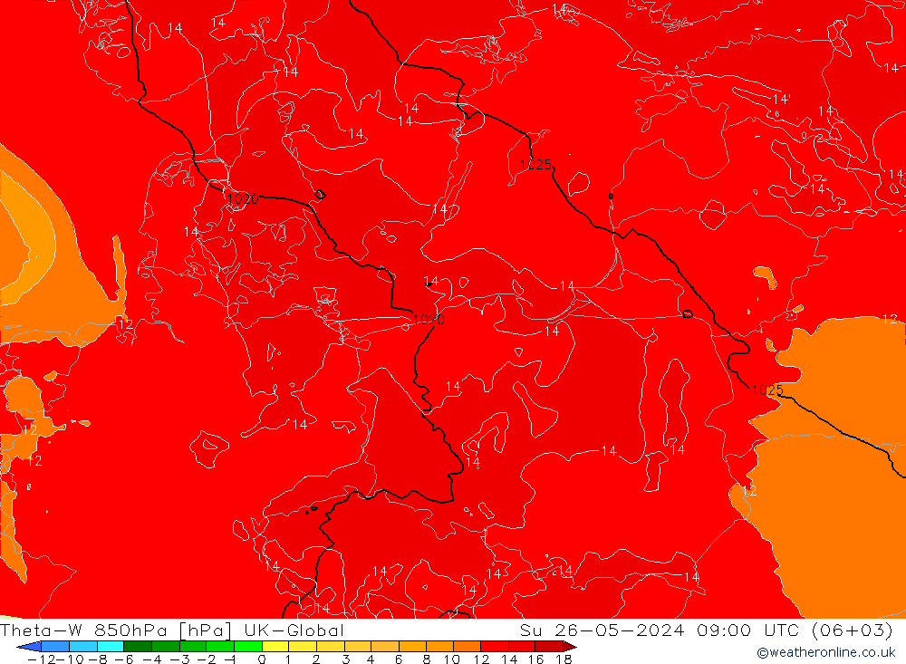 Theta-W 850hPa UK-Global Paz 26.05.2024 09 UTC