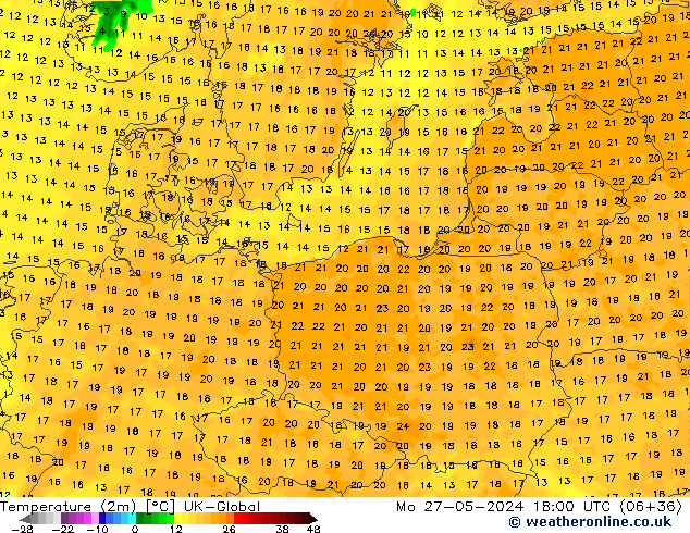 Temperatuurkaart (2m) UK-Global ma 27.05.2024 18 UTC