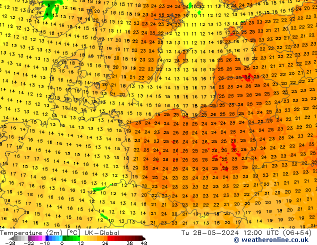 Temperature (2m) UK-Global Tu 28.05.2024 12 UTC