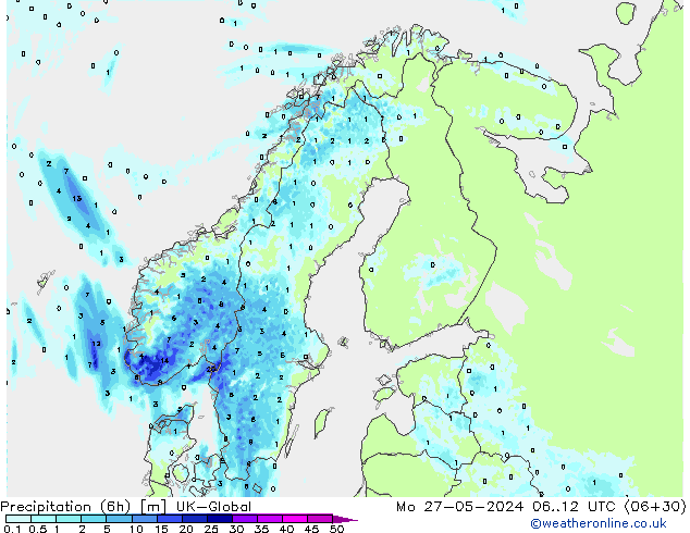 Totale neerslag (6h) UK-Global ma 27.05.2024 12 UTC