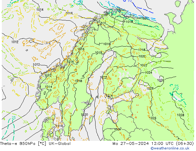 Theta-e 850hPa UK-Global Pzt 27.05.2024 12 UTC