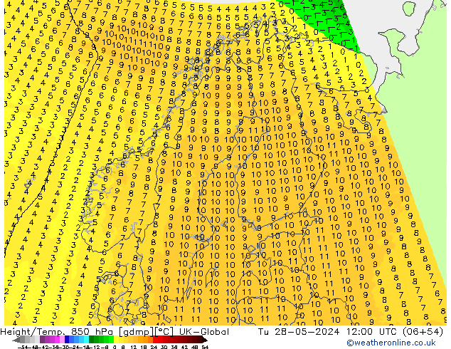 Height/Temp. 850 hPa UK-Global Di 28.05.2024 12 UTC