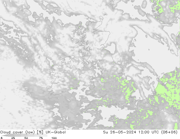 Cloud cover (low) UK-Global Su 26.05.2024 12 UTC