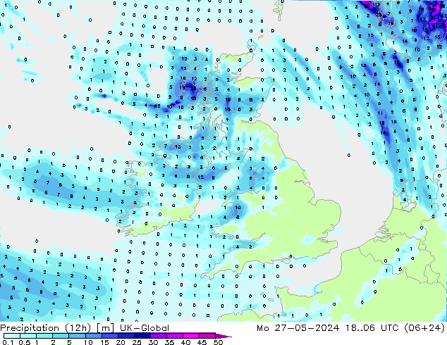 Precipitation (12h) UK-Global Mo 27.05.2024 06 UTC