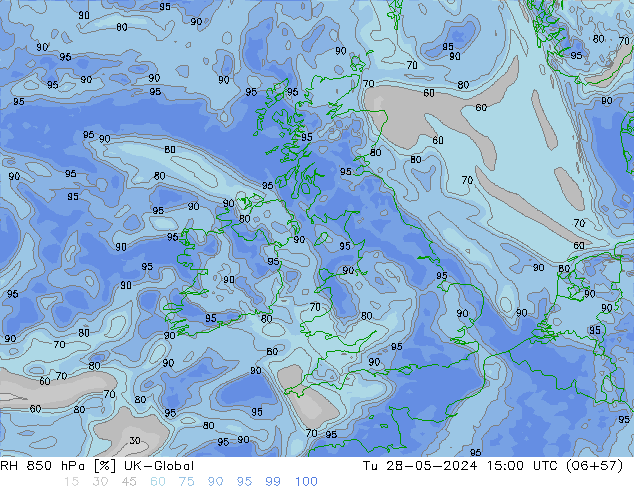 Humedad rel. 850hPa UK-Global mar 28.05.2024 15 UTC