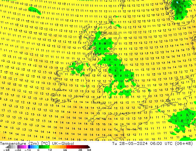 Temperaturkarte (2m) UK-Global Di 28.05.2024 06 UTC