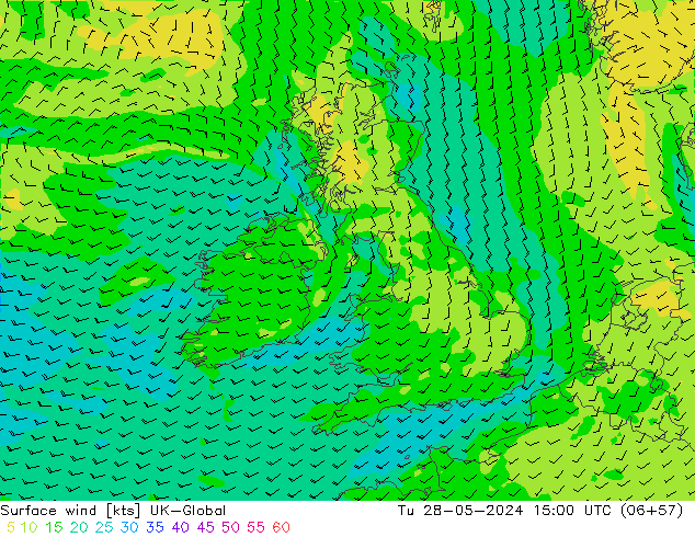 Surface wind UK-Global Út 28.05.2024 15 UTC