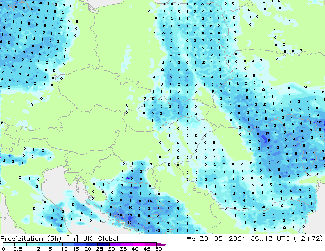 Precipitation (6h) UK-Global St 29.05.2024 12 UTC