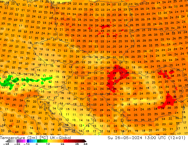 Temperature (2m) UK-Global Su 26.05.2024 13 UTC