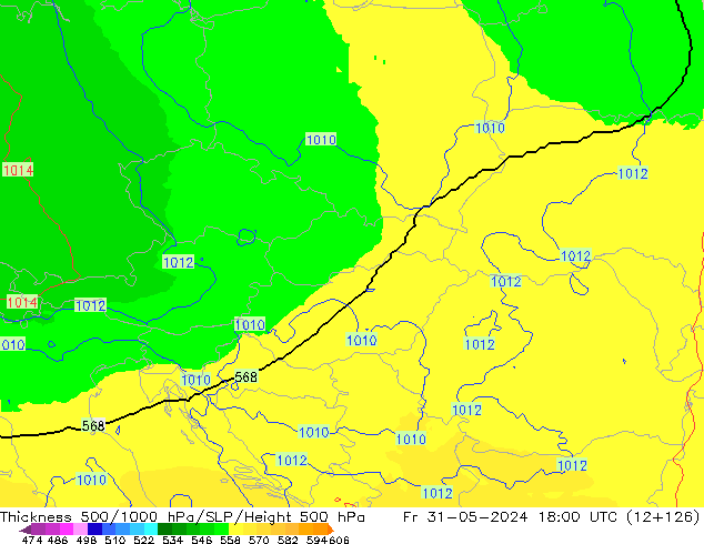 Espesor 500-1000 hPa UK-Global vie 31.05.2024 18 UTC