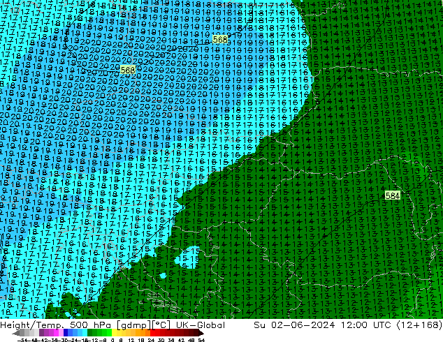 Height/Temp. 500 hPa UK-Global nie. 02.06.2024 12 UTC