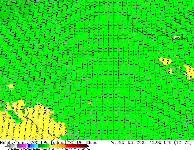 Geop./Temp. 700 hPa UK-Global mié 29.05.2024 12 UTC