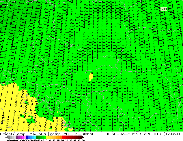 Height/Temp. 700 hPa UK-Global Th 30.05.2024 00 UTC