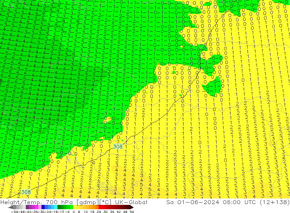 Height/Temp. 700 hPa UK-Global so. 01.06.2024 06 UTC