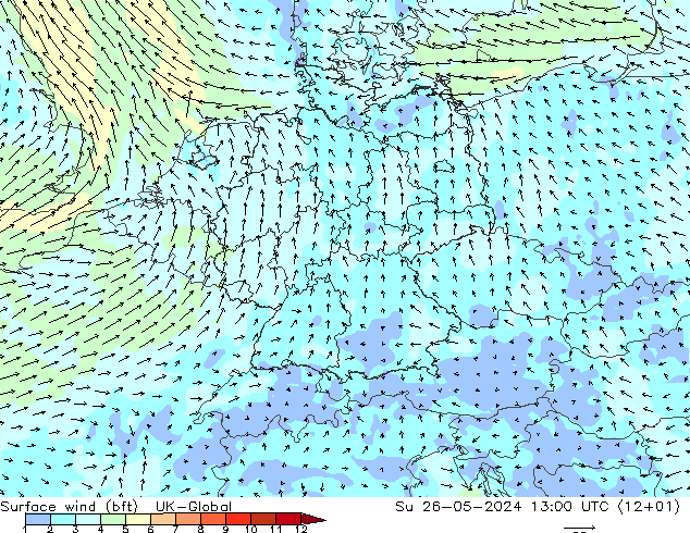 Surface wind (bft) UK-Global Ne 26.05.2024 13 UTC