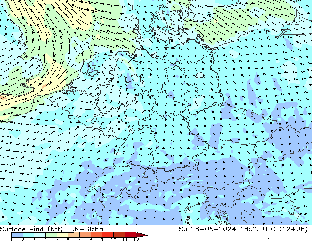 Surface wind (bft) UK-Global Ne 26.05.2024 18 UTC