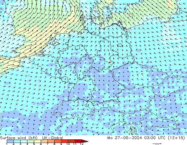 Viento 10 m (bft) UK-Global lun 27.05.2024 03 UTC