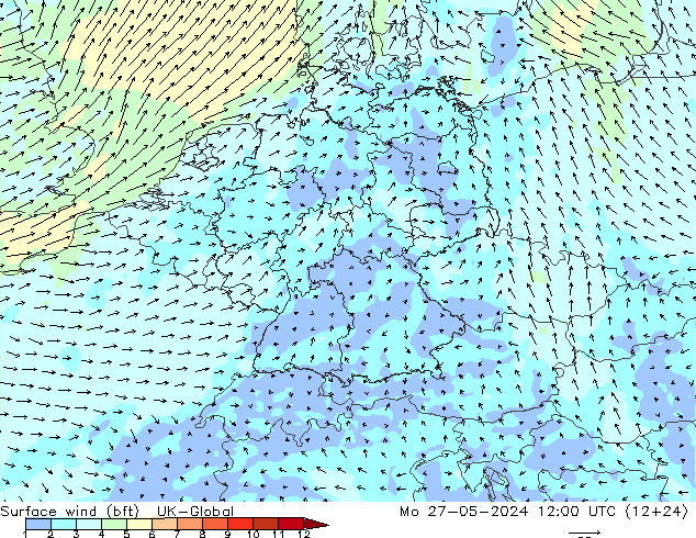 Surface wind (bft) UK-Global Mo 27.05.2024 12 UTC