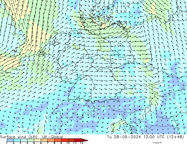 Surface wind (bft) UK-Global Tu 28.05.2024 12 UTC