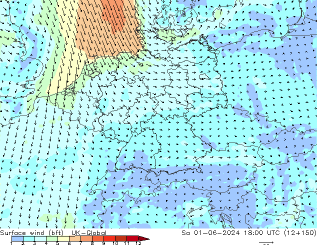 Wind 10 m (bft) UK-Global za 01.06.2024 18 UTC