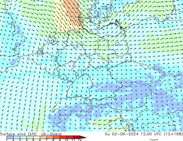 Surface wind (bft) UK-Global Su 02.06.2024 12 UTC