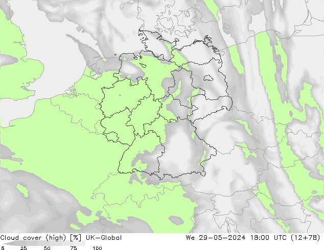 Cloud cover (high) UK-Global We 29.05.2024 18 UTC