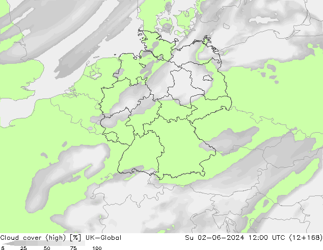 Cloud cover (high) UK-Global Su 02.06.2024 12 UTC