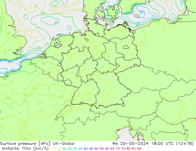 Eşrüzgar Hızları (km/sa) UK-Global Çar 29.05.2024 18 UTC