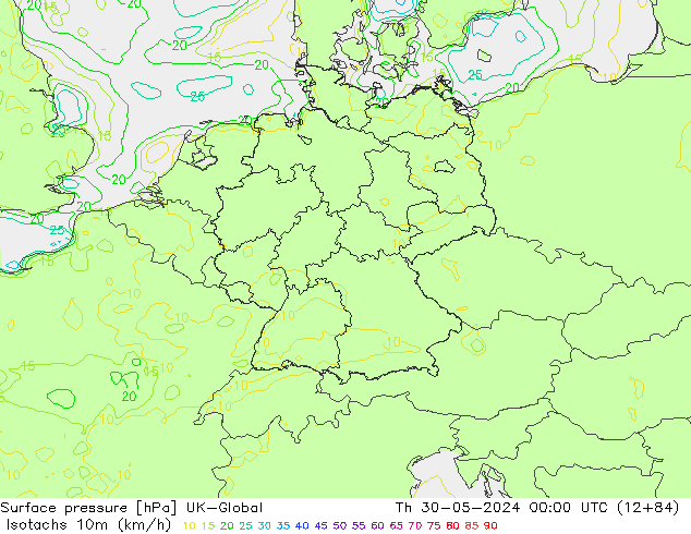 Isotachen (km/h) UK-Global Do 30.05.2024 00 UTC