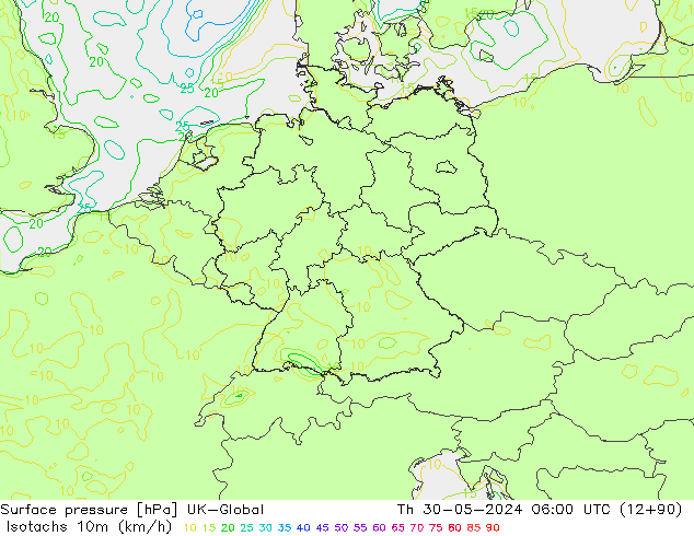 Isotachs (kph) UK-Global Th 30.05.2024 06 UTC