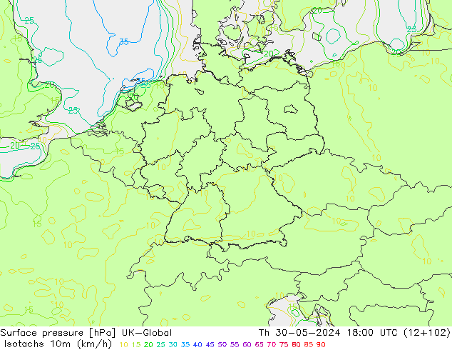 Isotachs (kph) UK-Global gio 30.05.2024 18 UTC